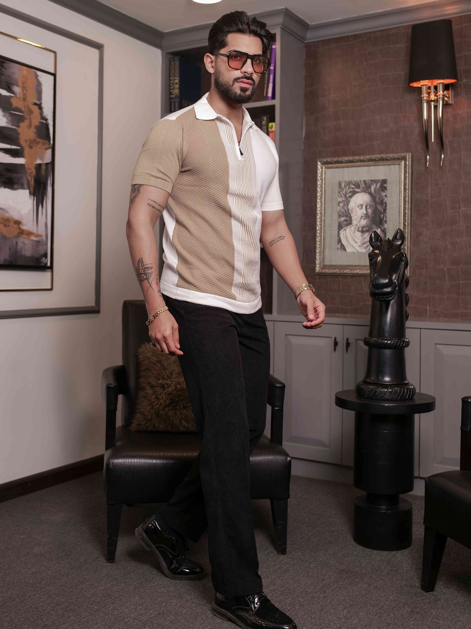 FOOMER CREAM AND WHITE HALF SLEEVE KNITED TSHIRT FOR MEN'S