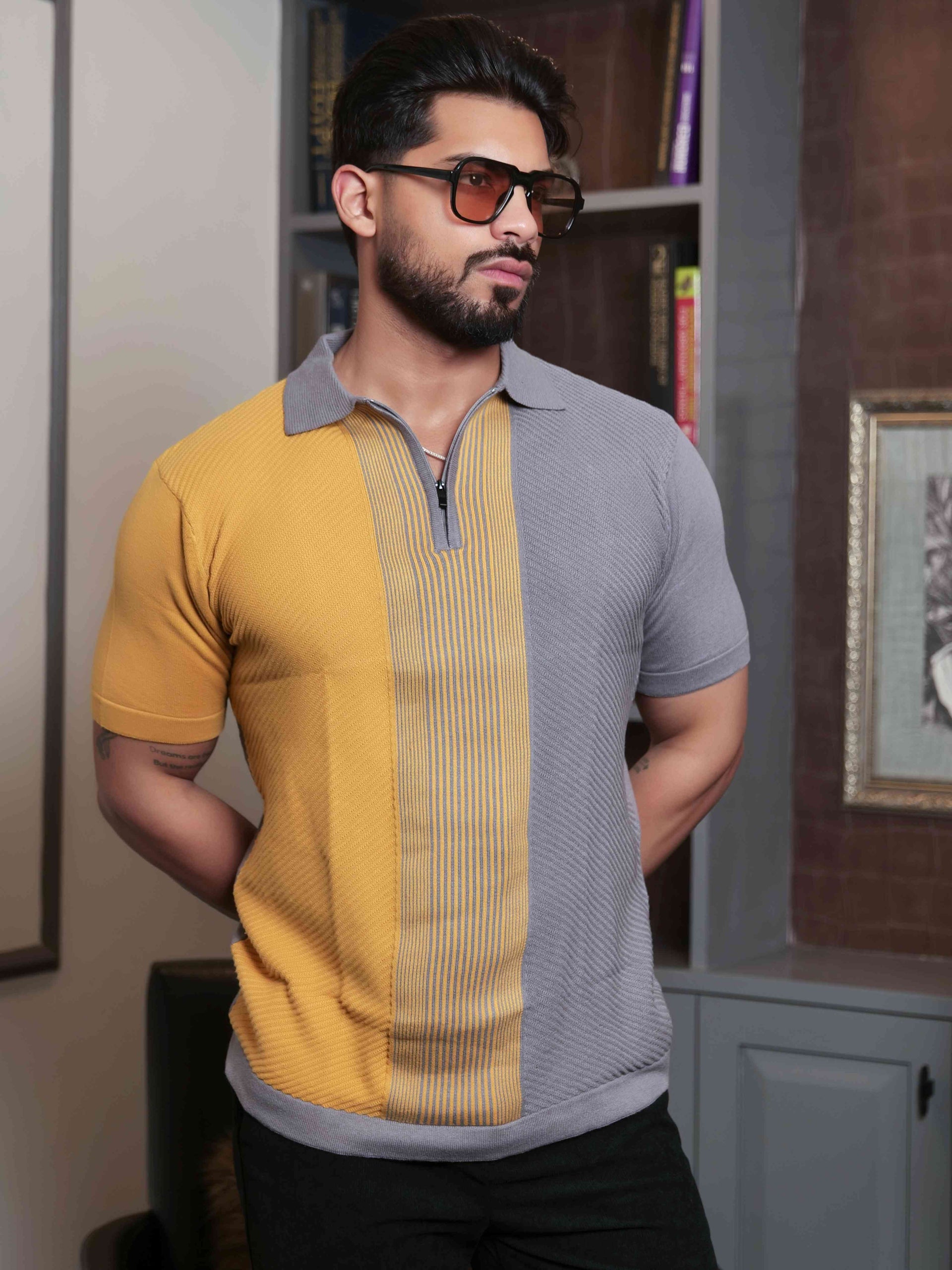 FOOMER YELLOW AND GREY HALF SLEEVE KNITED TSHIRT FOR MEN'S