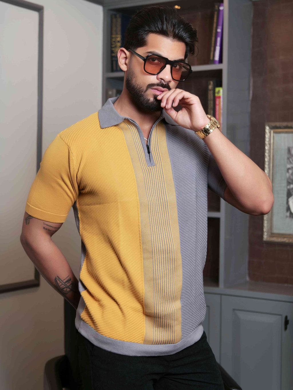 FOOMER YELLOW AND GREY HALF SLEEVE KNITED TSHIRT FOR MEN'S