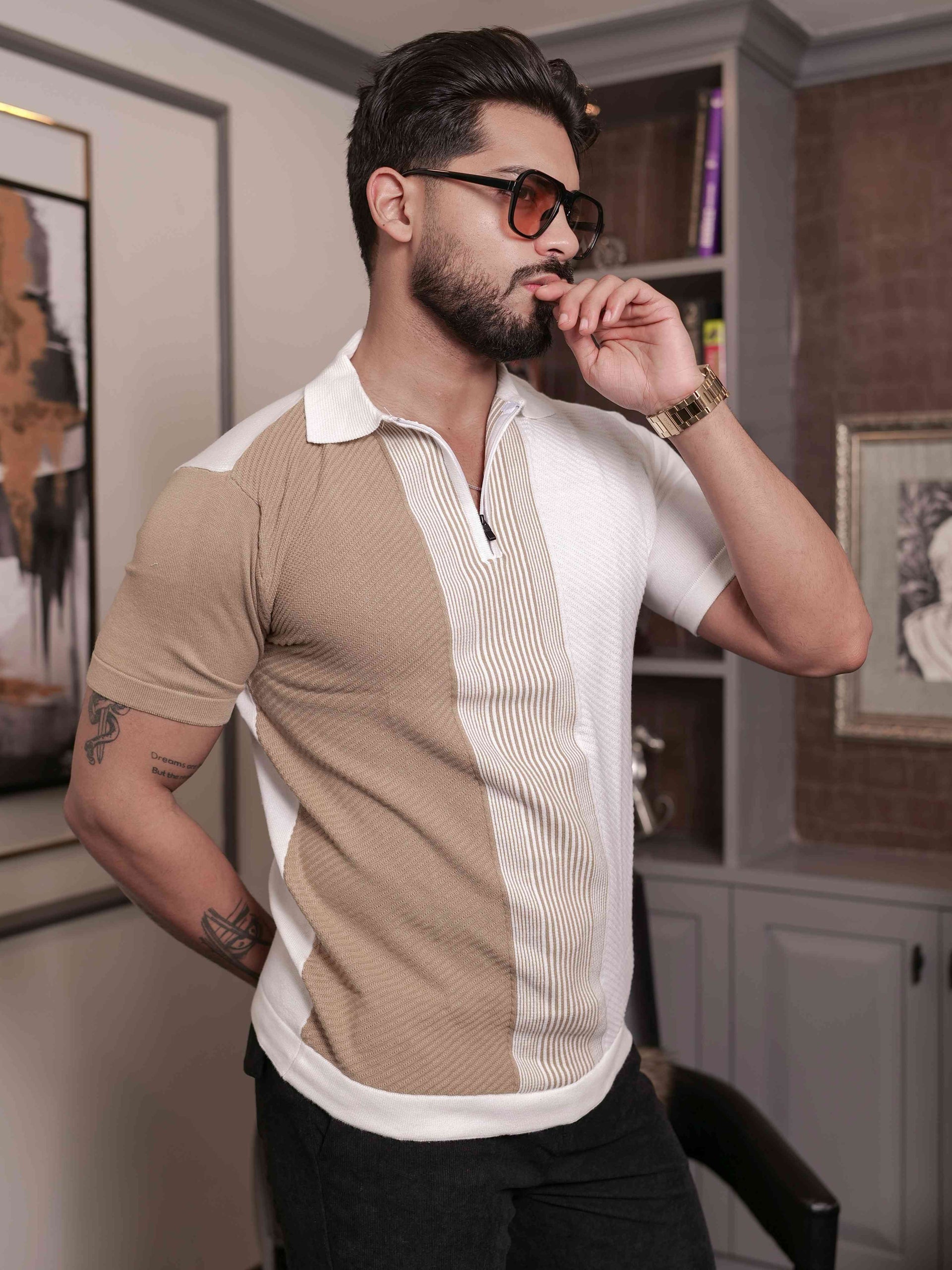 FOOMER CREAM AND WHITE HALF SLEEVE KNITED TSHIRT FOR MEN'S